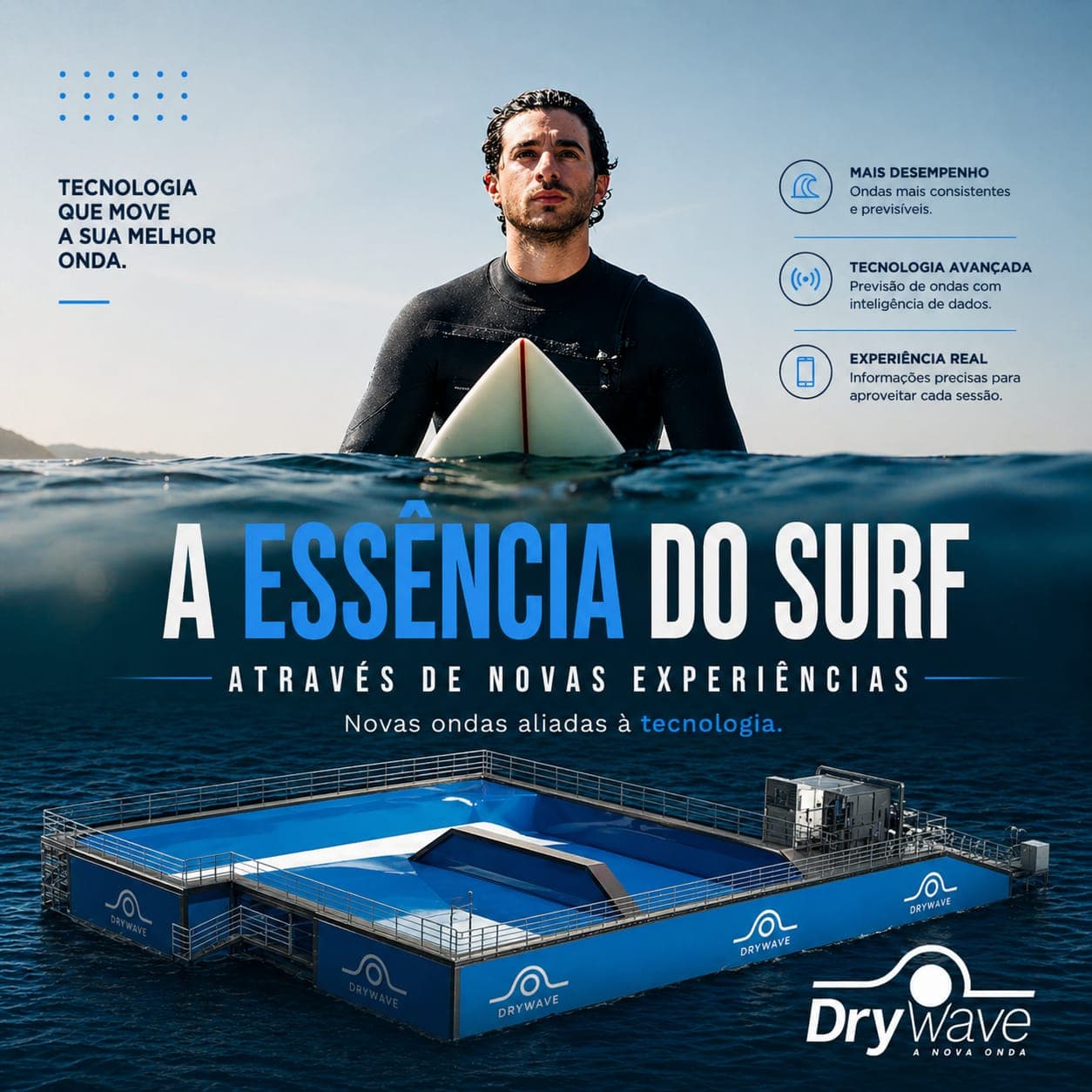 Surfista utilizando a Dry Wave — sistema mecânico criando onda real em superfície sólida
