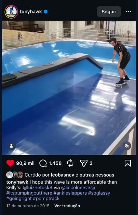 Screenshot do repost de Tony Hawk � header @tonyhawk verificado, thumbnail da rampa Dry Wave, 90.900 curtidas